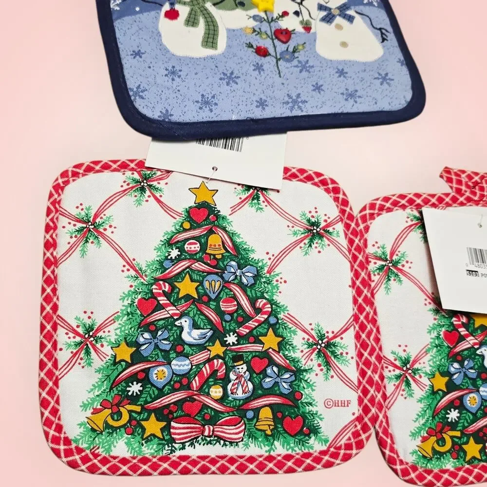 Vintage Set Of 3 Christmas Pot Holders Christmas Tree And Snowmen NOS‎